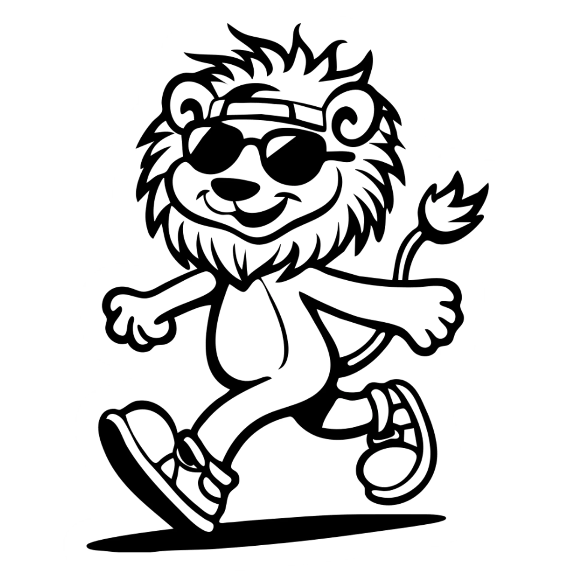 playful lion mascot in black-and-white, striding with confidence, sunglasses, backwards cap, sneakers, bold thick outlines, no internal color, vintage rubber hose animation style sticker