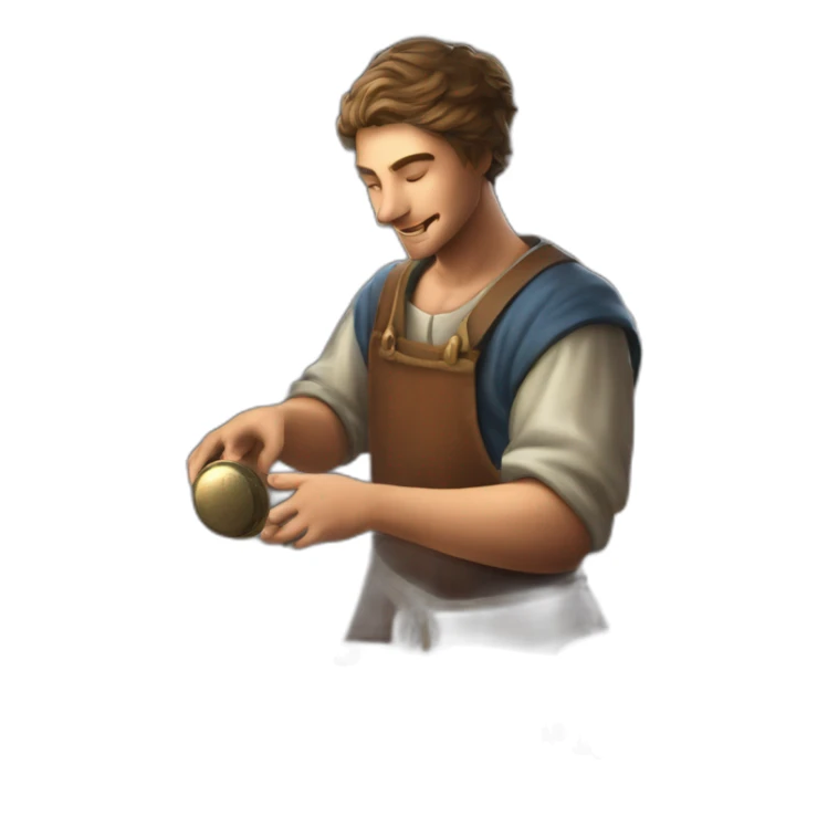 old and experience coin engraver apprentice yielding a coin, medieval age sticker