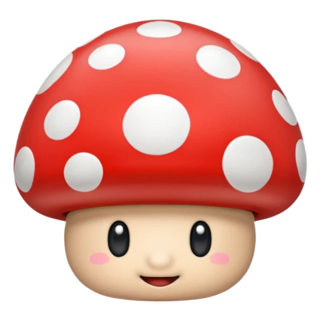 Mario Mushroom with glossy red cap and white spots, rounded shape, simple and cute, no text sticker