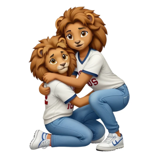 confident anthropomorphised female lion wearing a baseball shirt, jeans, and trainers, crouched on her hunches, comforting another character sticker