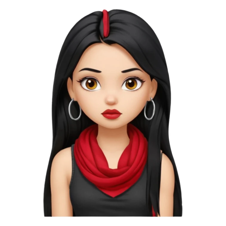 a pretty bratz girl with long black hair, kajal under eyes, small silver hoop. black tank top on. Red scarf around neck sticker