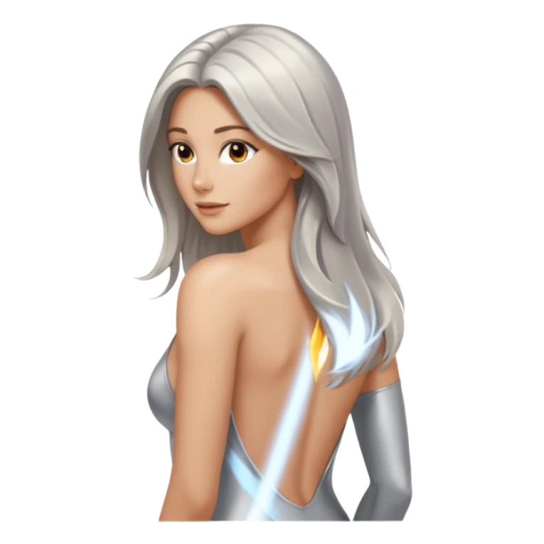 woman with light long hair in silver body looking at the camera from back with sexy pose sticker
