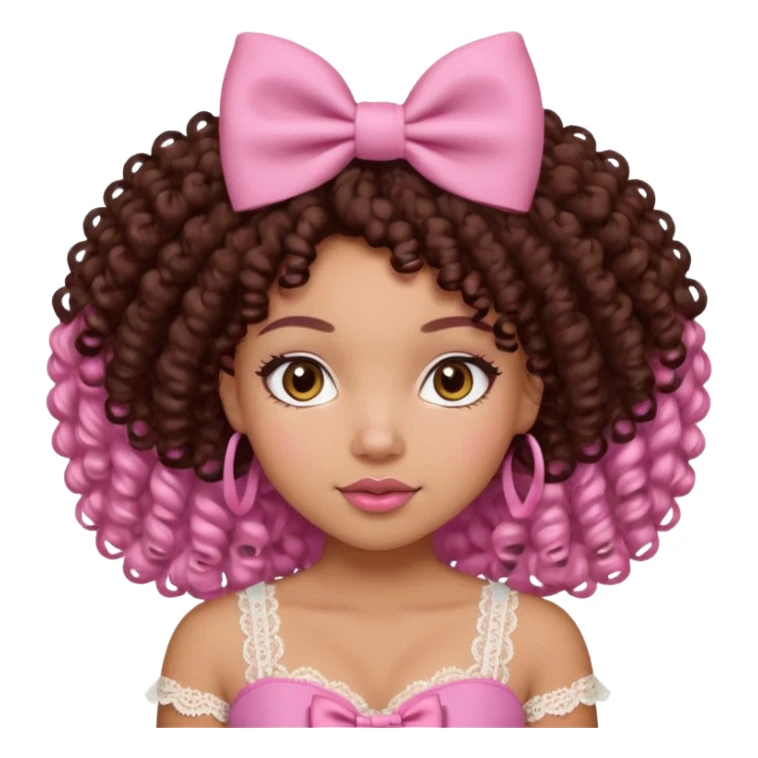 medium-light kinned afro-latina girl with medium length chocolate brown side part curly hair, brown eyes, pink sweetheart necklined top with lace, round wide-ish nose, chubby long shaped face, pink hair bow sticker