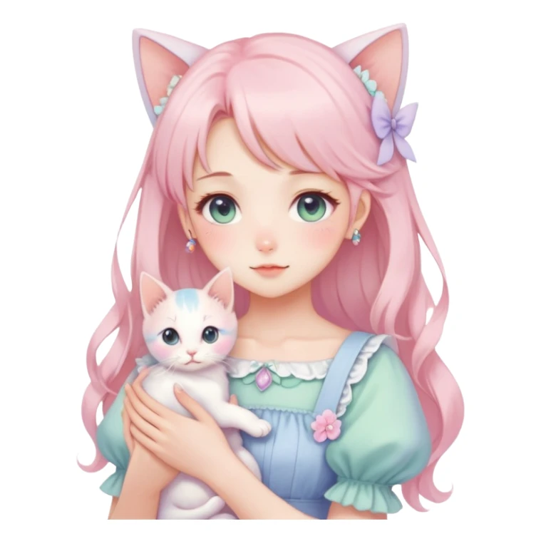  gorgeous-pastel-anime-style-lady-with-blushing-face-and-holding-a-kitten-cottagecore-fairycore-pastelcore-colorful-pearly-romantic-simplistic-aesthetic-trending-style sticker