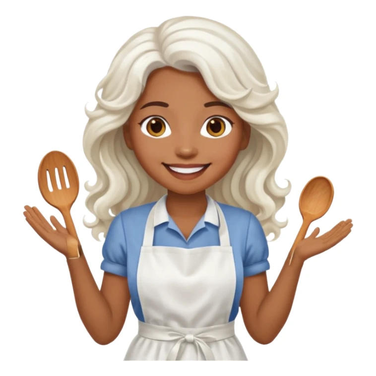 woman, brown skin, white long wavy hair, with apron sticker