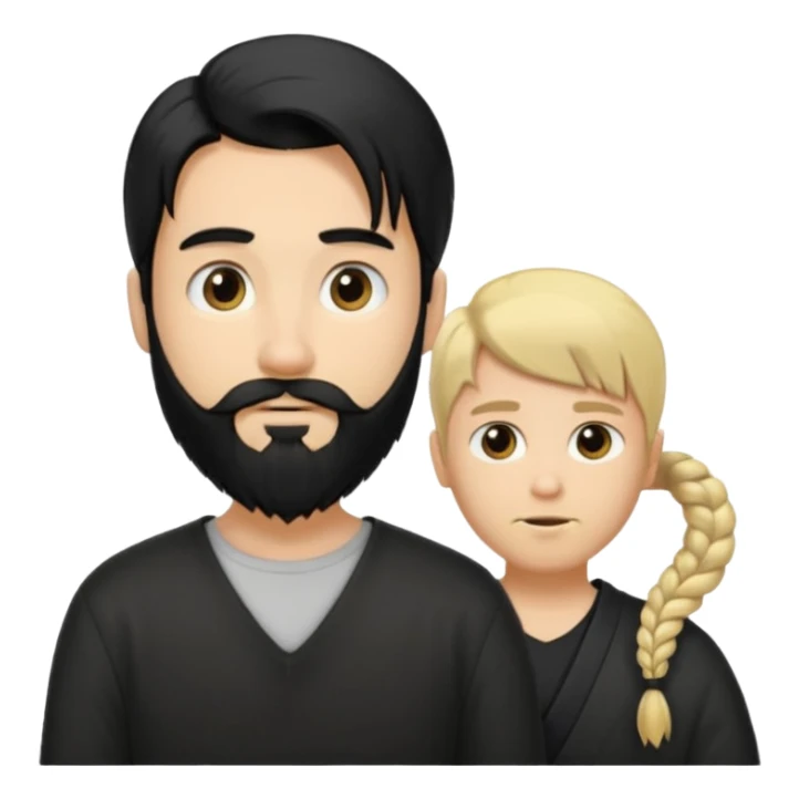 Man with long black hair tied in a tail and beard with a young blond short-haired without a beard sticker