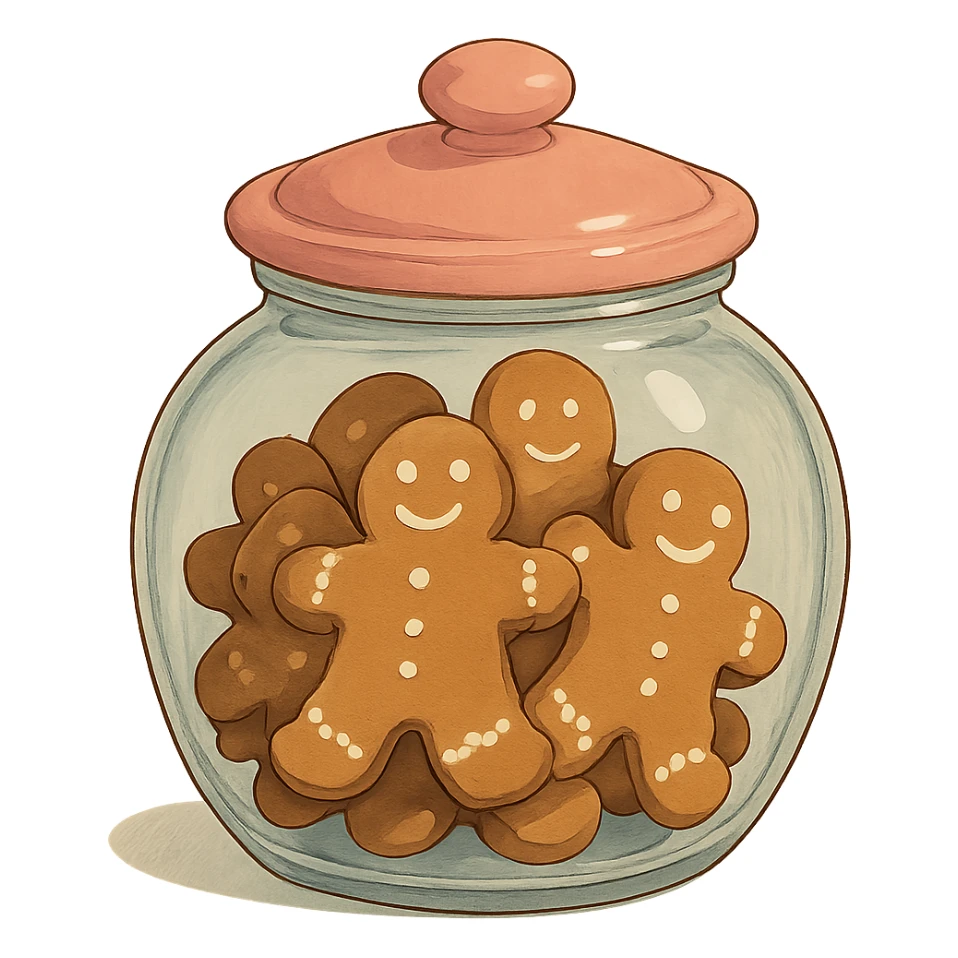 glass cookie jar with pink lid, gingerbread cookies inside, isolated, ghibli style sticker