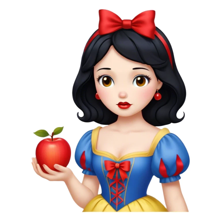 Cinematic Realistic Snow White Portrait, depicted with lifelike skin texture, soft natural lighting, and intricately detailed black hair styled with a red ribbon. Her soft brown eyes radiate innocence and kindness, complemented by a warm, gentle smile. She holds an apple in one hand, her other hand resting against her cheek, embodying her purity and charm. She is dressed in her classic yellow, blue, and red gown, the fabric rich in texture with delicate folds that catch the light beautifully. The portrait features a soft, natural glow with a radiant finish, capturing the essence of timeless beauty in a realistic and painterly style. sticker