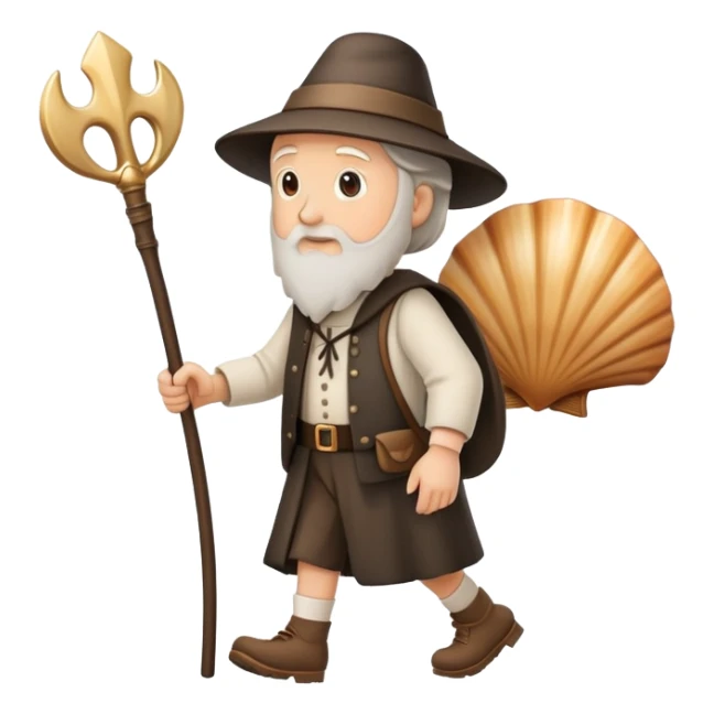 pilgrim walking with walking stick and scallop shell sticker