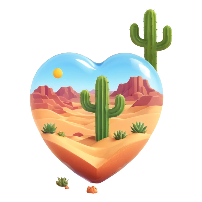 glass heart emoji with a tiny desert landscape inside, visible sand, a single cactus, and subtle reflections sticker