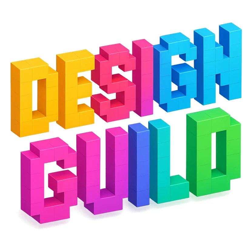 voxel art text: DESIGN GUILD, playful and creative sticker