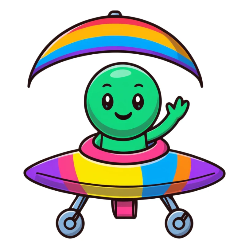 A cheerful rainbow crayon character waving while riding a silver UFO with glowing lights sticker