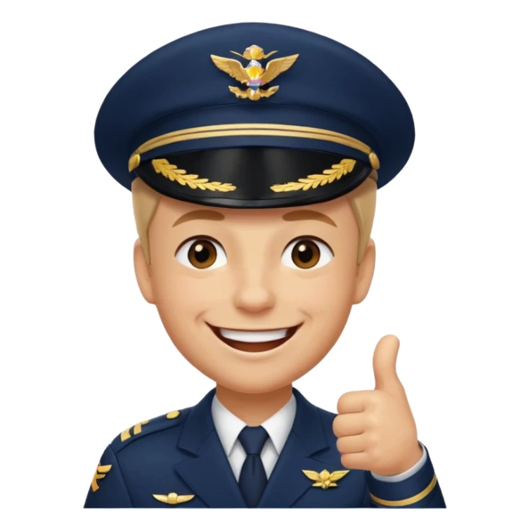 Slack-style emoji of a pilot wearing a slightly tilted navy captain hat, giving a thumbs-up, big cheerful smile, eyes closed or happy squint sticker