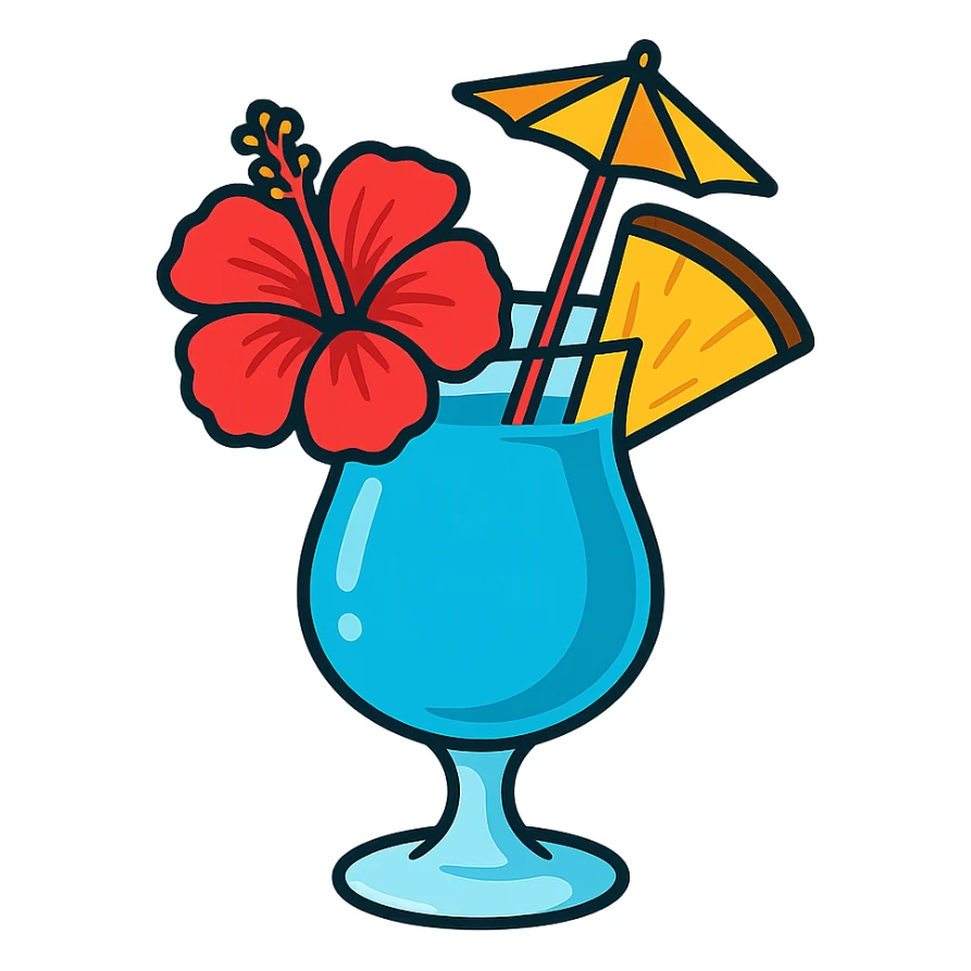 blue tropical cocktail with hibiscus, pineapple, and paper umbrella garnishes, vibrant flat toon style sticker