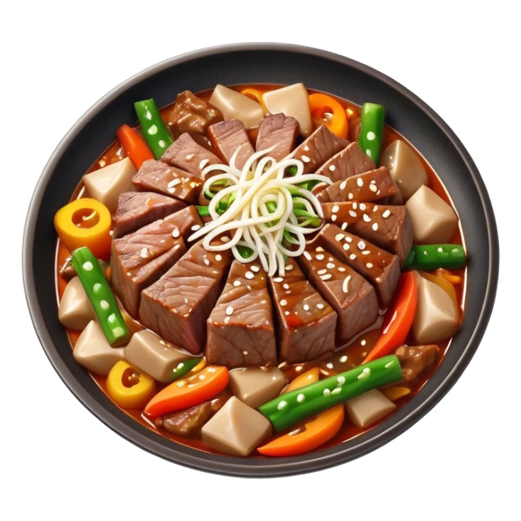 Cinematic Realistic Bulgogi Dish Emoji, featuring tender, marinated beef stir-fried with vegetables rendered with dynamic textures and mouth-watering lighting. sticker