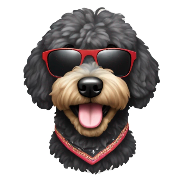 BLACK golden doodle wearing sunglasses with a big smile with human like teeth. Also with a bandanna around its neck that says mums favourite  sticker