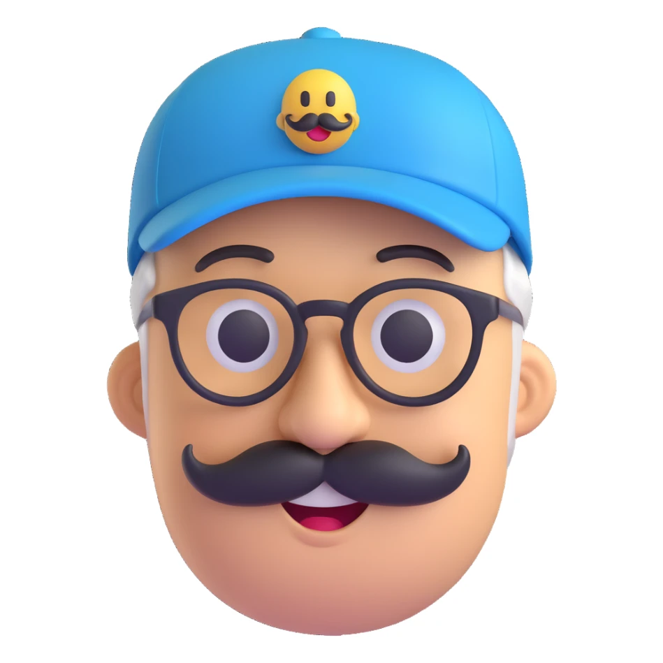 3D smiley emoji, round shape, grandfather with mustache, glasses, blue cap, blue color, smiling face sticker