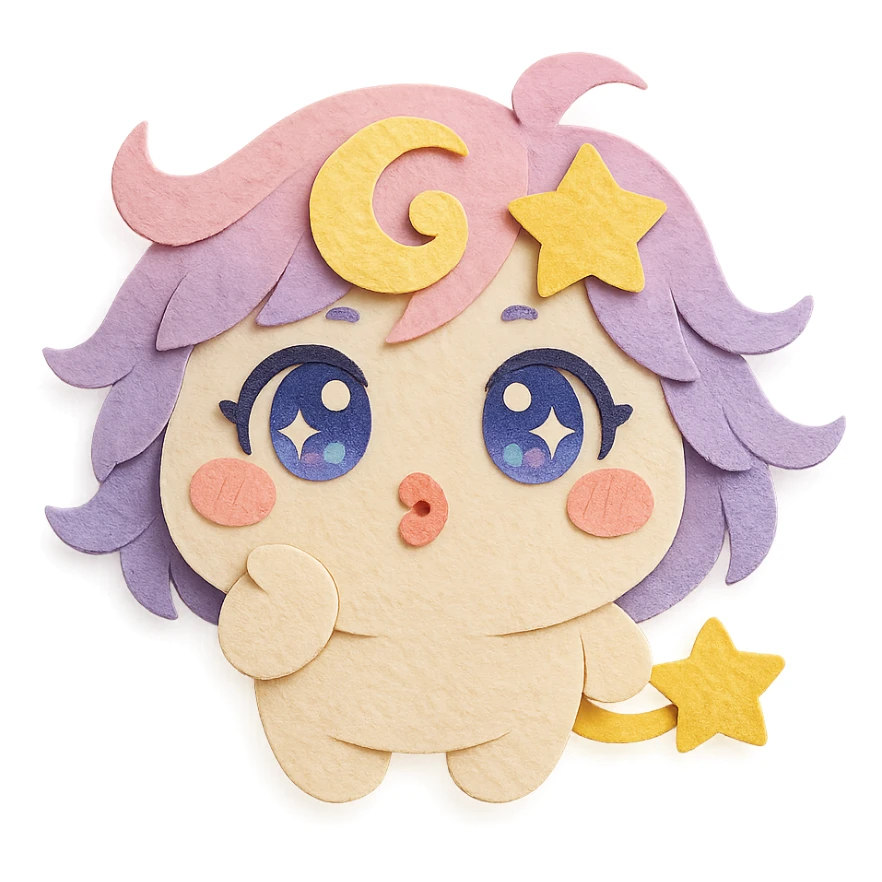 Stella Puff (星星噗噗) in super cute, soft, and adorable paper craft style, front view, blowing a kiss, big sparkling blue-violet eyes, pastel pink-purple gradient hair with a yellow star swirl, creamy white round body, coral pink blush, short arms and legs, golden star tail, clean lines sticker