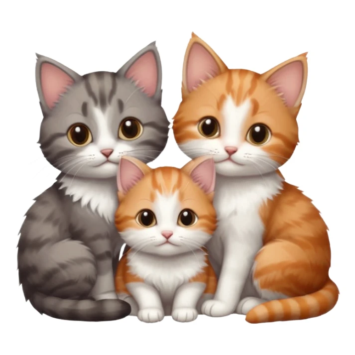 3 very small kittens cuddling together all different colours, the first one is grey and white, the second is ginger and white and the third is brown tabby and white sticker