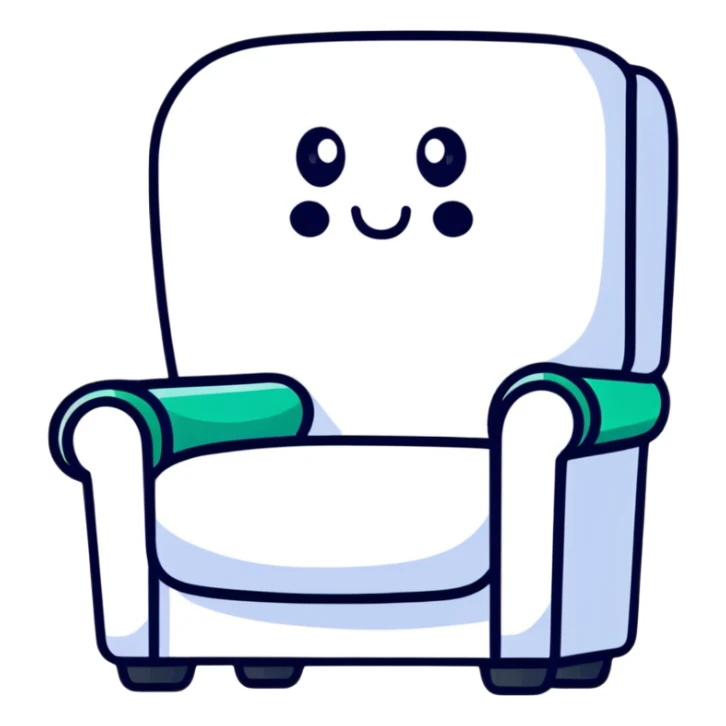 angled smartphone with a large, visible armchair image on its screen, product detail view, with sparkle emoji on the left side sticker