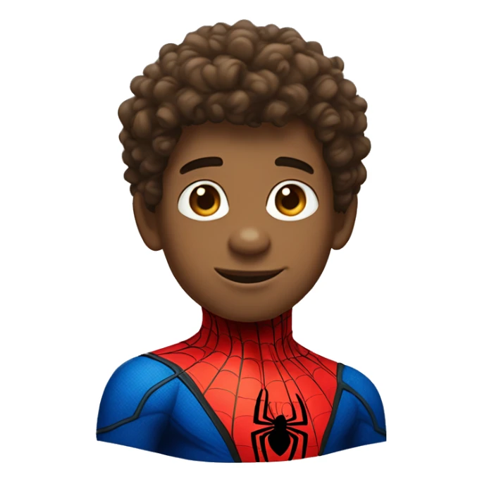 curly headed light skin boy wearing Spider-Man suit with no mask sticker