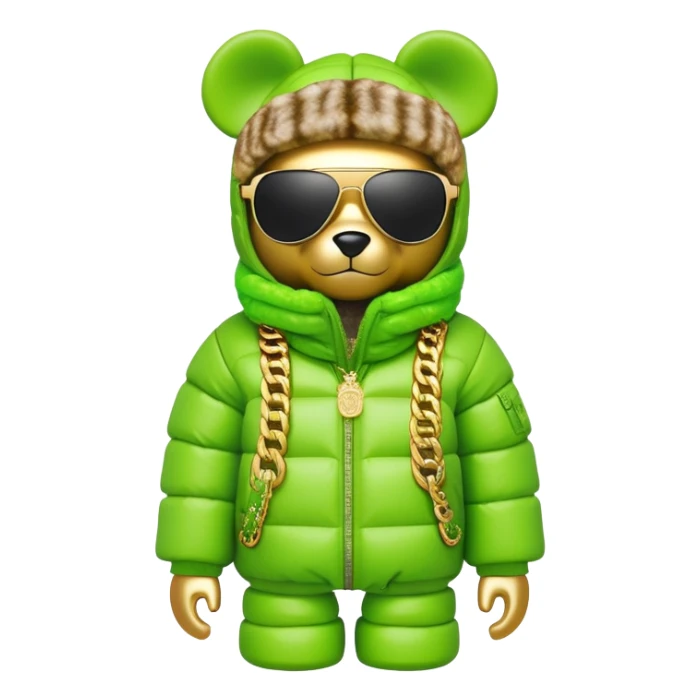 bearbrick figure with lime green grafitti-covered balaclava, voluminous puffer jacket with fur trim, single-piece wrap-around sunglasses, heavy gold chains, luxury streetwear style sticker