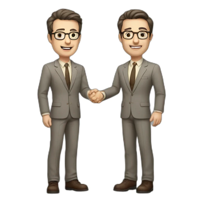 Full height Actively gesturing with hands Pale skinned fit man with dark brown hair in gray jacket, beige office shirt, brown tie, brown pants and vintage glasses. sticker