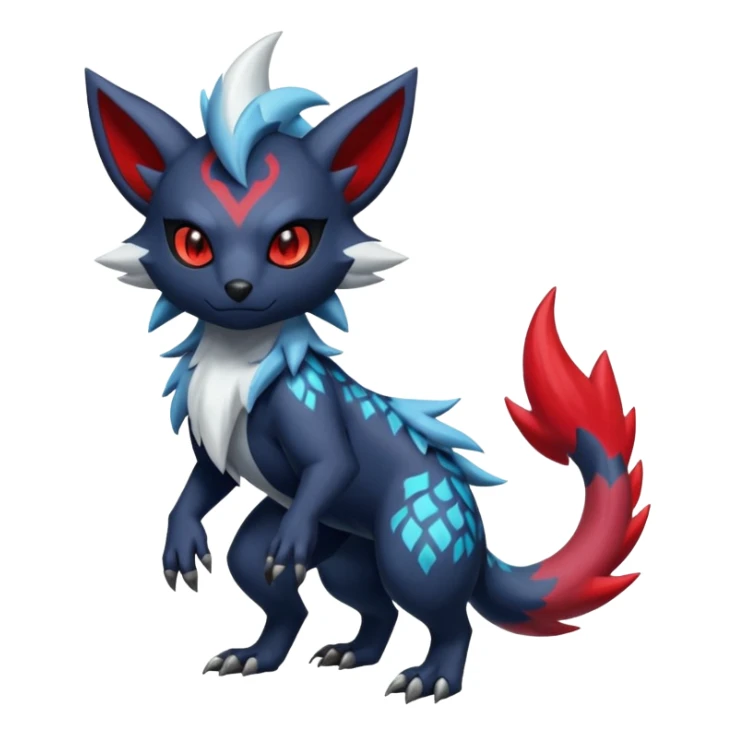 Colorful patterned esoteric shiny glowing scaly scary cool badass edgy Zorua-Absol-Zangoose-Salandit-fusion (full body) sticker