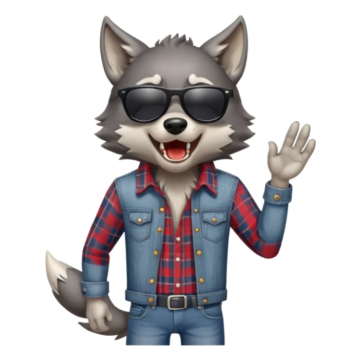 friendly anthropomorphised wolf in jeans and plaid shirt, wearing dark sunglasses, howling, dynamic pose sticker