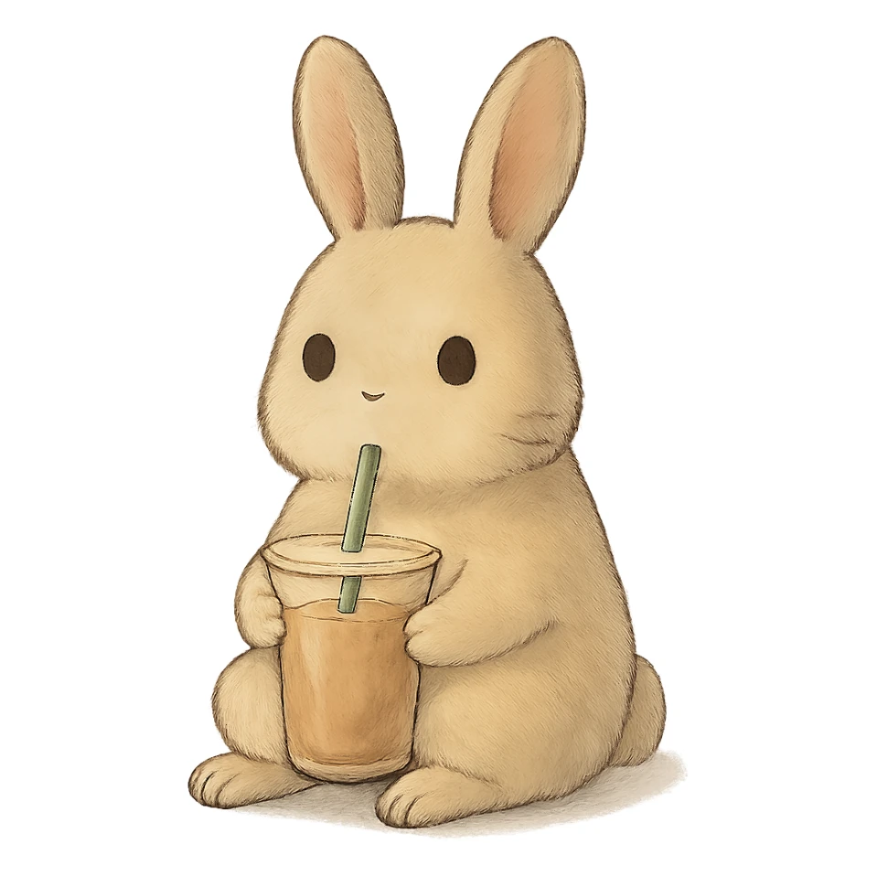 milk tea bunny sitting still with blank stare, soft ghibli style sticker