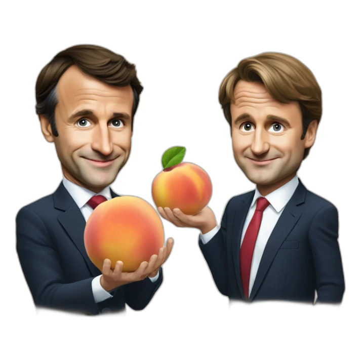 Emmanuel Macron with Justin Trudeau playing with a peach sticker