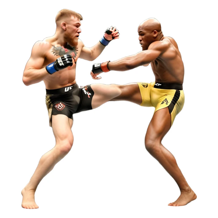 An MMA showdown between Conor McGregor and Anderson Silva in the octagon. McGregor is executing a powerful jumping strike, while Silva is expertly blocking the attack with his forearm. The background features the UFC octagon, fans in the distance, and dynamic action. Transparent background sticker