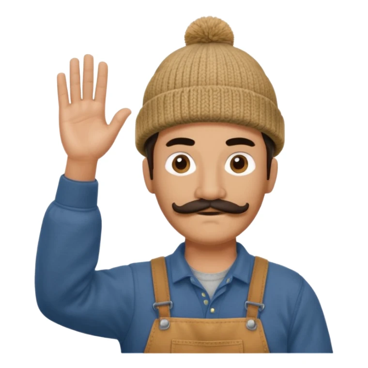 Woodworker thick straight mustache knit cap Carhartt shirt, one hand raised above head small eyes sticker