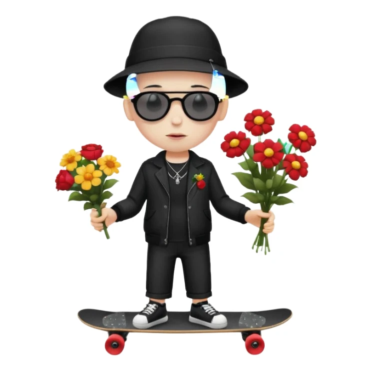 ["A sad boy with pale skin, bald, wearing a sunhat and sunglasses, dressed in goth fashion, is skateboarding while holding a flower bouquet."] sticker