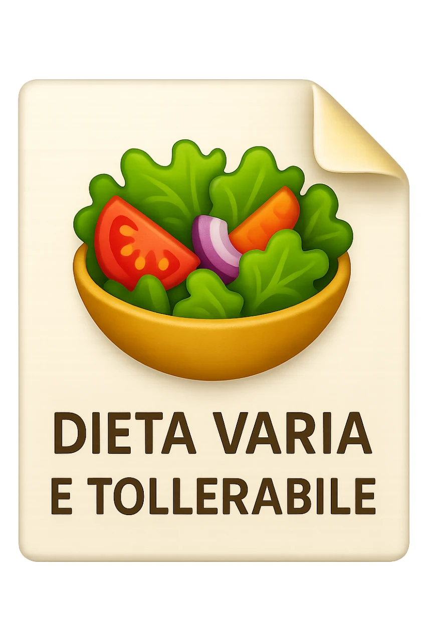 emoji stile iphone di un foglio con un insalata disegnata sopra e la scritta "DIETA VARIA E TOLLERABILE, iperrealistico 4k, isolato su sfondo bianco sticker