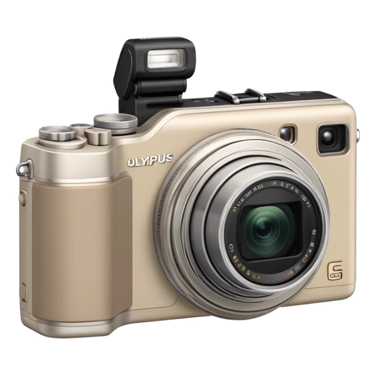 Minimal Olympus Superzoom 70G camera from slight top angle, grayish-beige color, simplified shape with subtle indication of basic camera features sticker