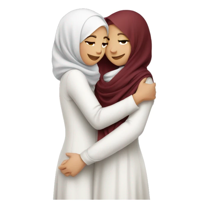 two girls hugging one in hijab second with dark red hair sticker