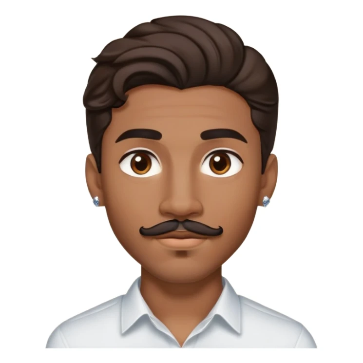 Young man with medium brown skin, mixed-race ethnicity, much longer wavy dark brown hair with a PERFECTLY CENTERED hair part that aligns EXACTLY with the middle of the face, mustache separated from goatee, medium brown eyes, very small diamond stud earrings in both ears, head only with absolutely no shoulders or torso sticker
