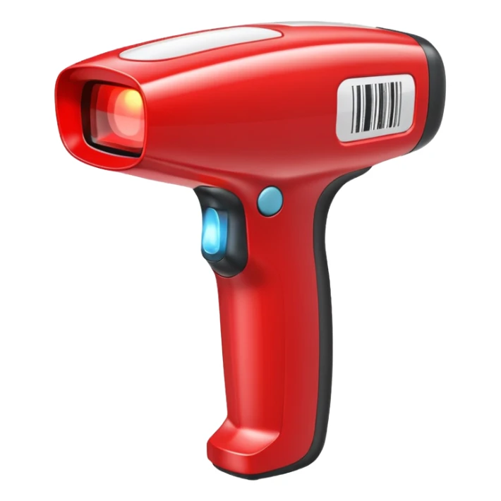 apple style emoji of a modern barcode scanner with visible barcode and red scanning light, stylized sticker