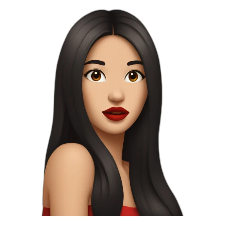 straight long dark hair and brown eyes with red lipstick sticker