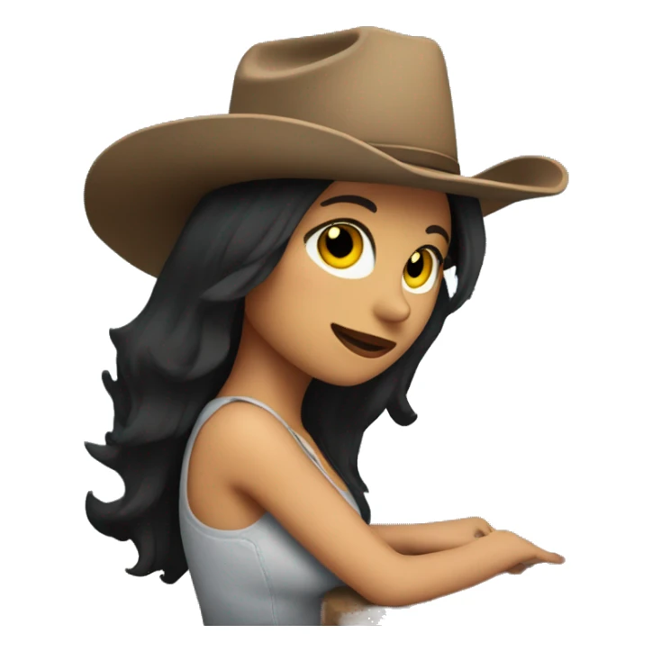 woman with dark hair infront of computer with a cowboy hat on head and sparkles behind sticker