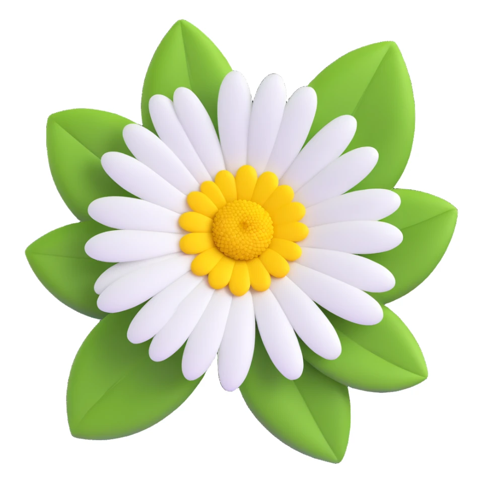 a daisy flower with white petals, yellow center, green leaves sticker