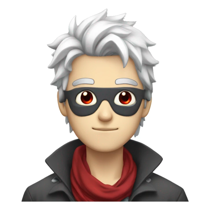 Anime guy, with white messy hair,  eye patch on right eye , red eyes, crimson scarf around neck, and gray skin  sticker