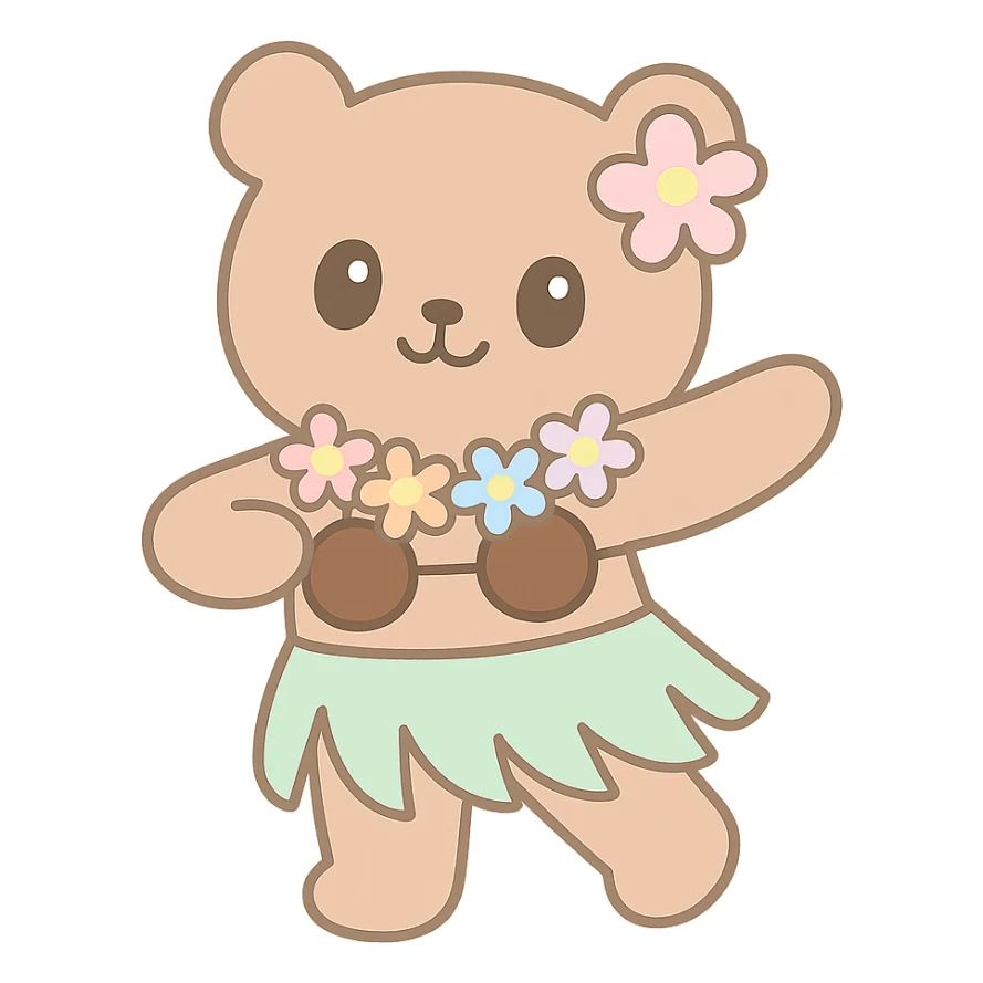 brown teddy bear with a coconut bra and plumeria lei, performing the hula sticker