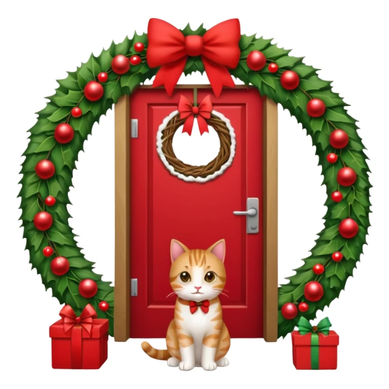 A door with a cat in front of it with h christmas elements sticker