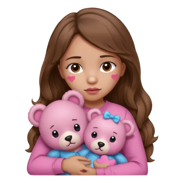 girl with long wavy brown hair, brown eyes, light to medium complexion, in a pink shirt, pink lips, long lashes, sad, hugging squeezing a teddy bear with bandaid hearts sticker