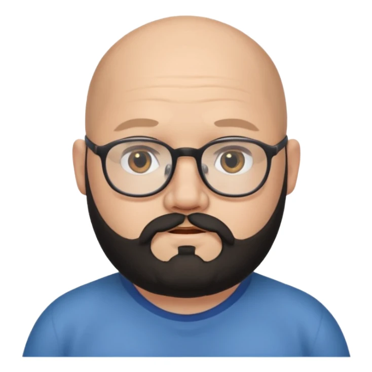 half-bald from the middle, chubby face, with glasses and black beard sticker
