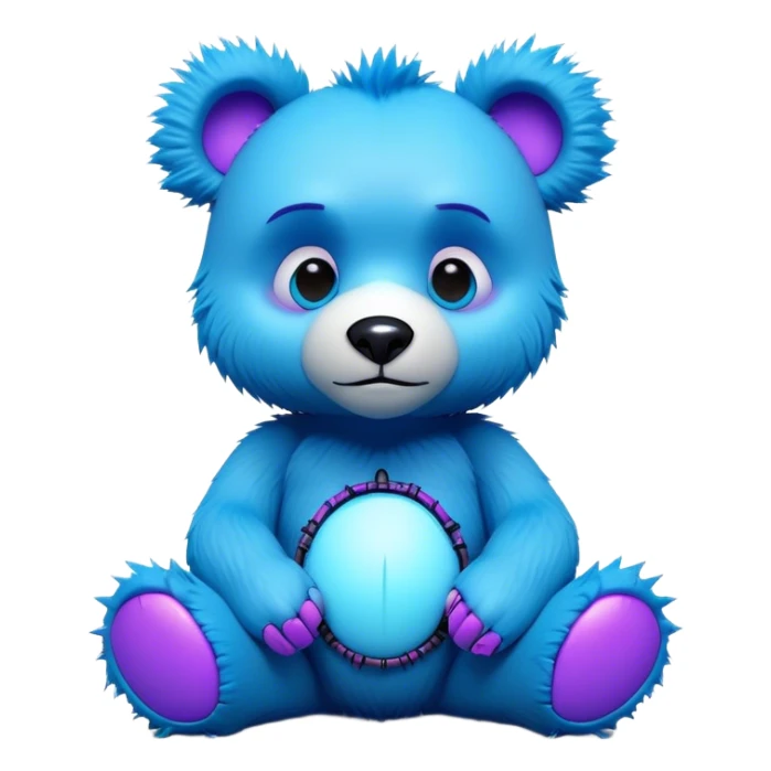 3D, adorable little Pixar style blue neon punk bear with a broken toy sitting, ultra detailed, each lash, eye, and strand of fur is shown in stunning detail as though captured in a timeless photograph, rich textures, visually rich, so lifelike it feels like it could leap off the page at any moment sticker
