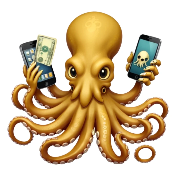 Intimidating octopus made of bones. Evil looking eyes, wearing a gold necklace. 3 tentacles are holding their own cellphone with one held to the side of its face as if its on a phone call, 2 other tentacles are holding stacks of money sticker