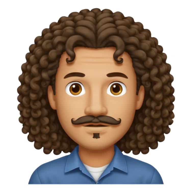 a mixed-race man with long curly hair, a goatee, and a mustache sticker
